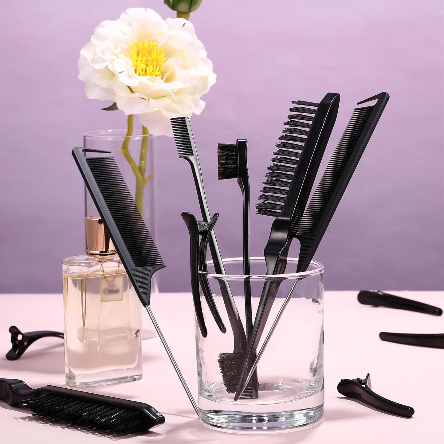 12‑Piece Hair Styling Tool Set – Double‑Sided Edge Brushes, Teasing Brushes, Rat Tail Combs & Duckbill Clips for Edges, Parting & Salon Styling