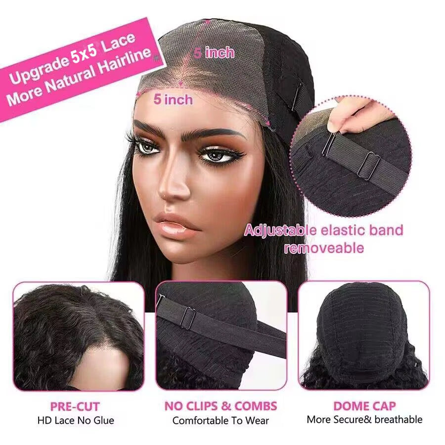 5x5 Glueless Human Hair Wig – Ready‑to‑Wear Pre‑Cut HD Lace, Wear & Go Straight Lace Front Wig for Women, 100% Human Hair, Natural Black