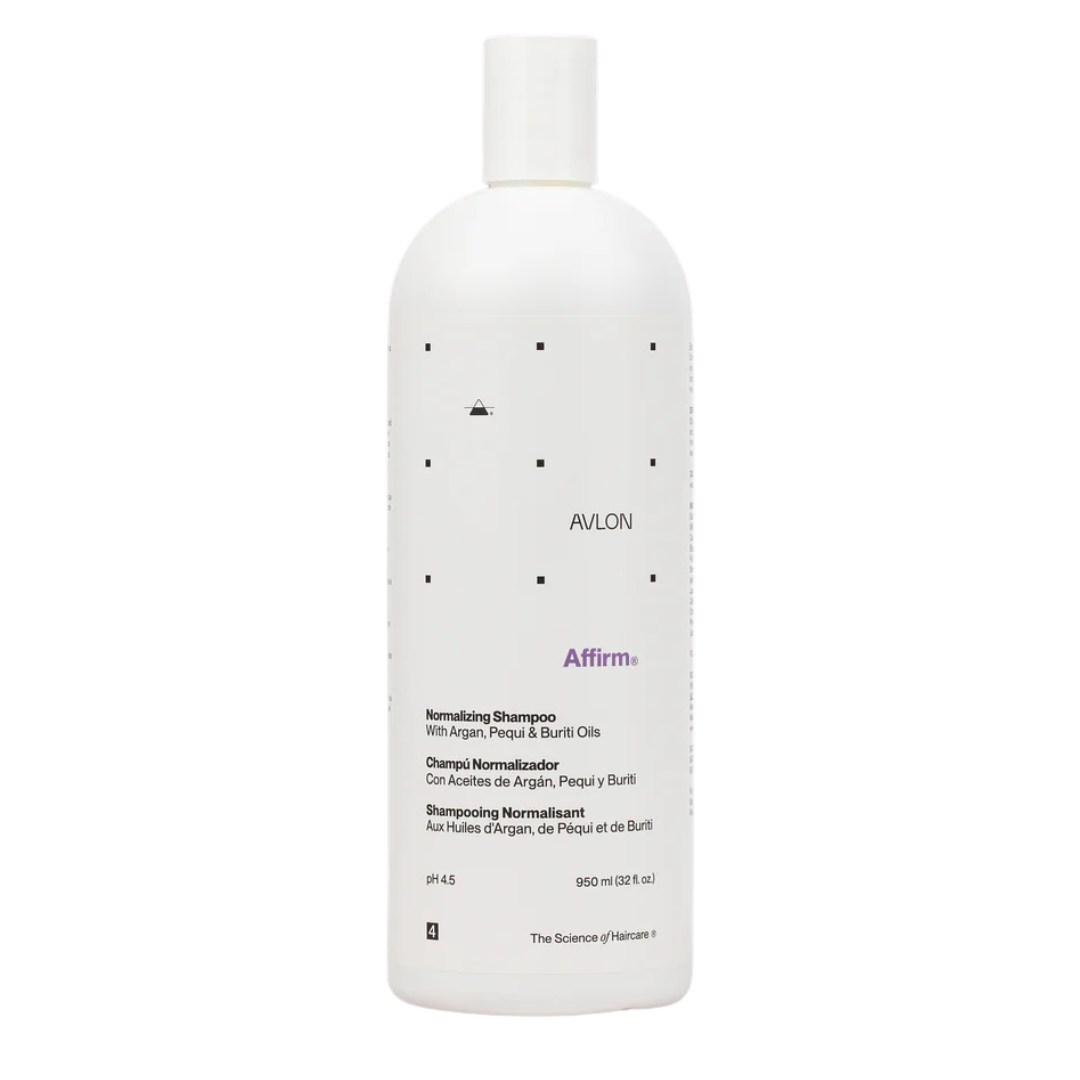 Bottle of Avlon Affirm Normalizing Shampoo 32 oz, a pH balancing post-relaxer shampoo with color indicator for removing relaxer residue and restoring healthy hair