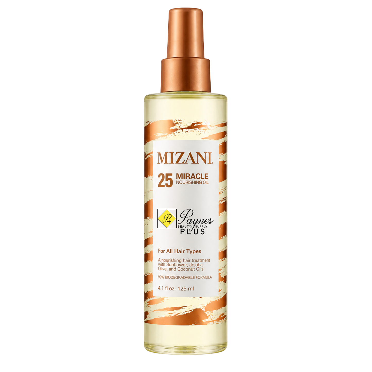 Mizani 25 Miracle Hair Oil 4.2oz in a clear spray bottle with a metallic copper pump, featuring white and orange text on a white background.