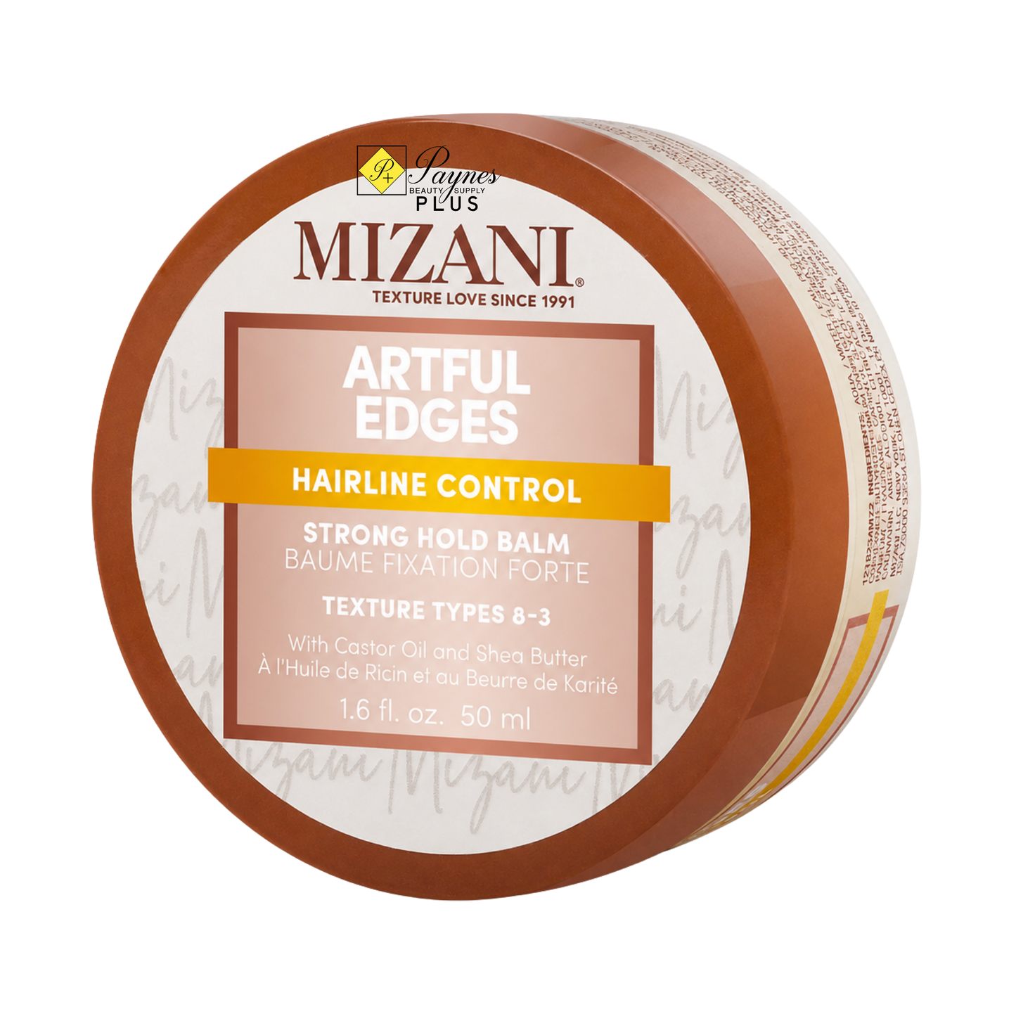 Mizani Artful Edges Hairline Control Strong Hold Balm 1.6oz in a round brown plastic jar with a white and peach label, on a white background.