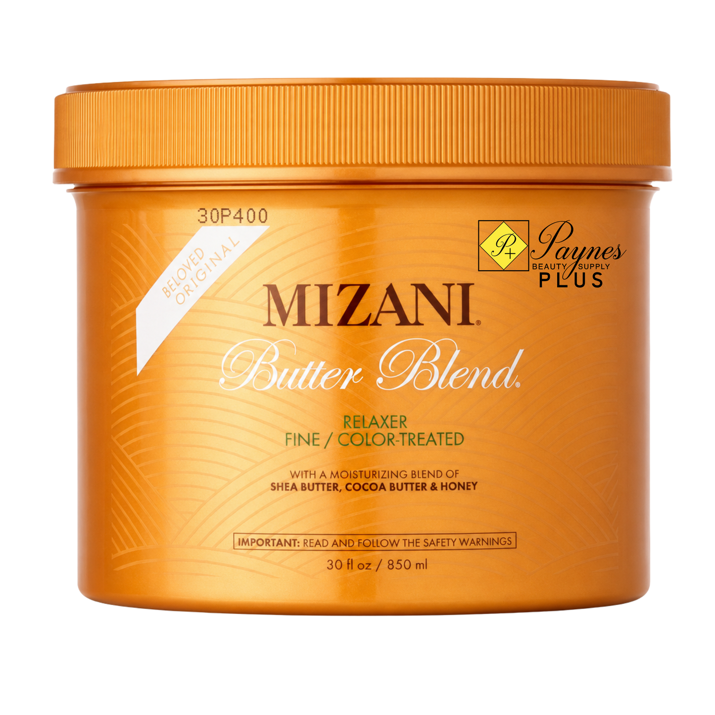 A 30 fl oz jar of Mizani Butter Blend Relaxer Fine / Color Treated hair relaxer on a plain white background. The container is a metallic golden-orange color with a matching orange lid, featuring the Mizani brand name and Paynes Plus logo.
