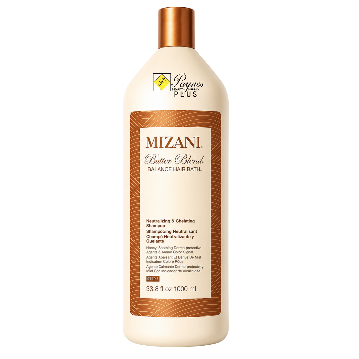 A 33.8 oz bottle of Mizani Butter Blend Balance Hair Bath by Ramesh Plus, featuring a cream-colored bottle with a metallic copper cap and a brown textured label.