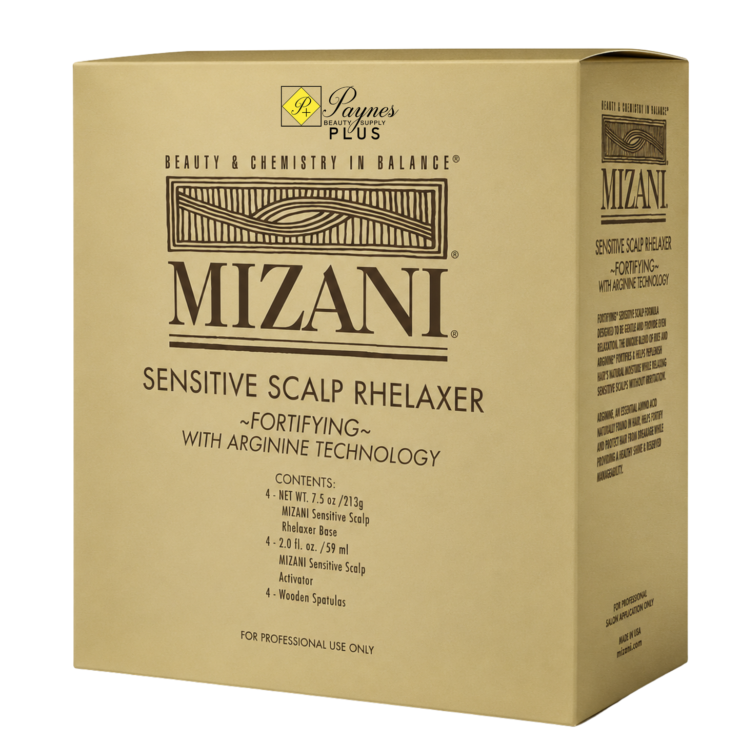 A beige cardboard box of Mizani Sensitive Scalp Rhelaxer, featuring black text and the Mizani logo on the front and side panels.