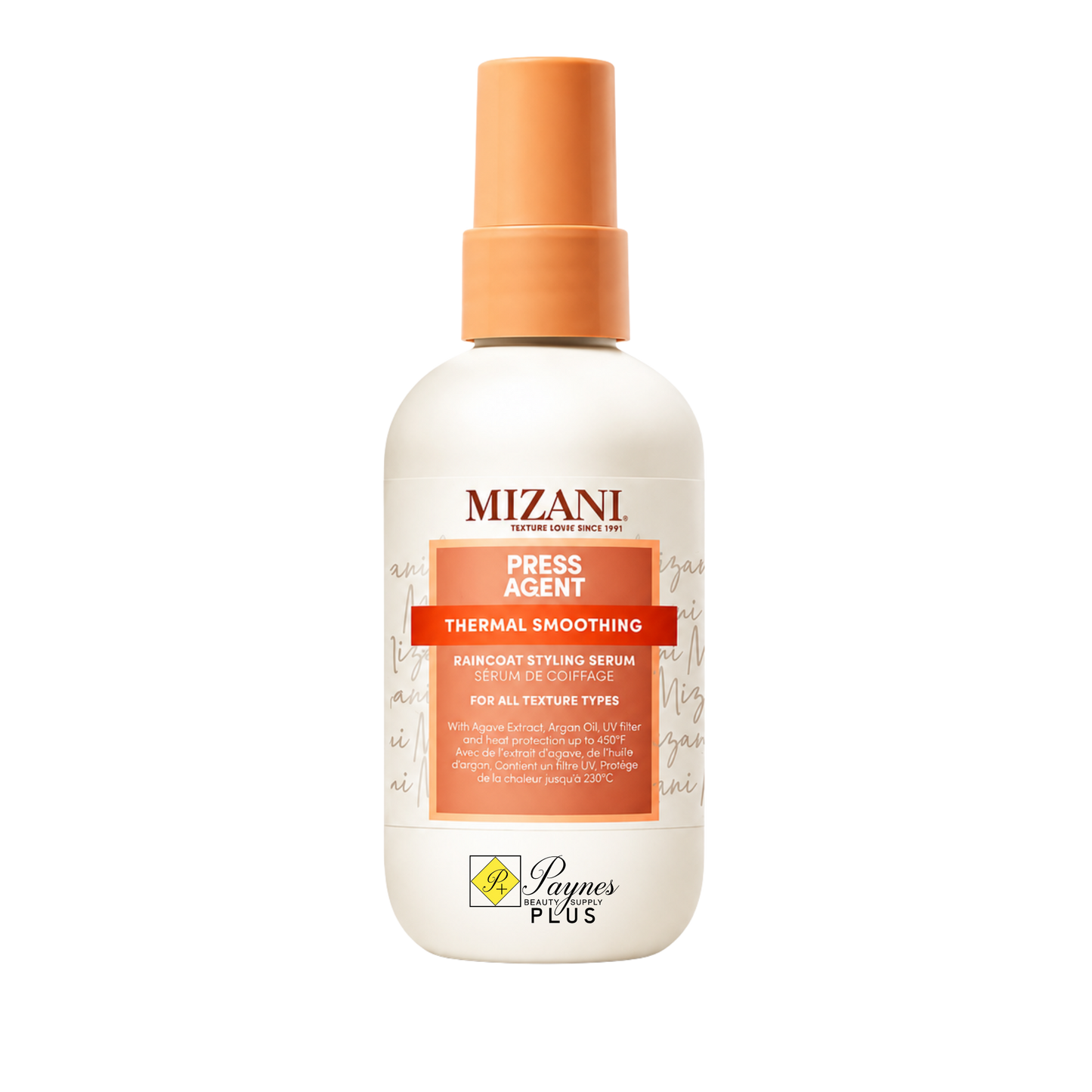 Mizani Press Agent Thermal Smoothing Hair Smoother 3.38oz in a white bottle with an orange spray nozzle and label accents, on a white background.