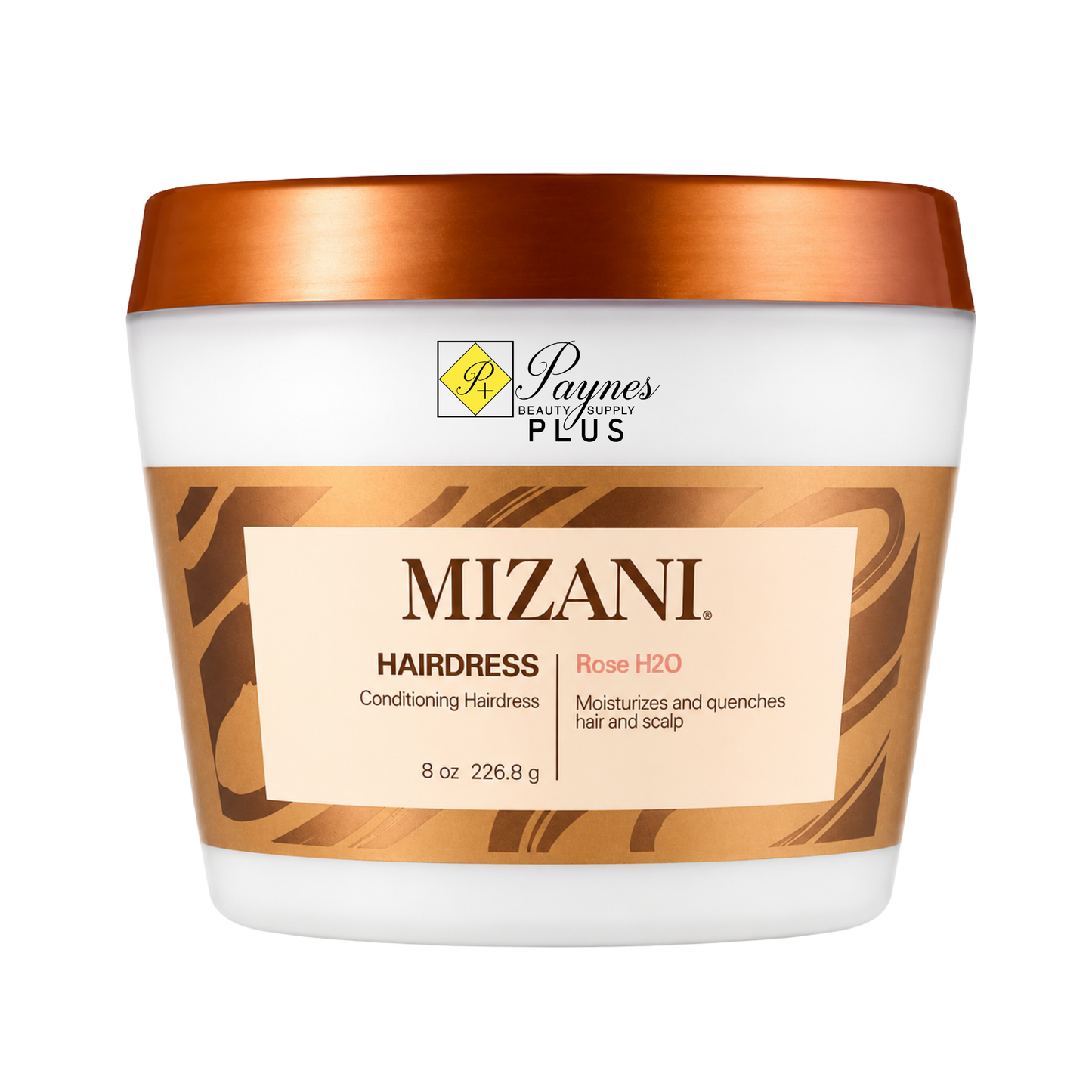 An 8 oz jar of Mizani Hairdress Rose H2O Conditioning Hairdress from Paynes Beauty Plus, featuring a white container with a metallic copper lid and a beige label.