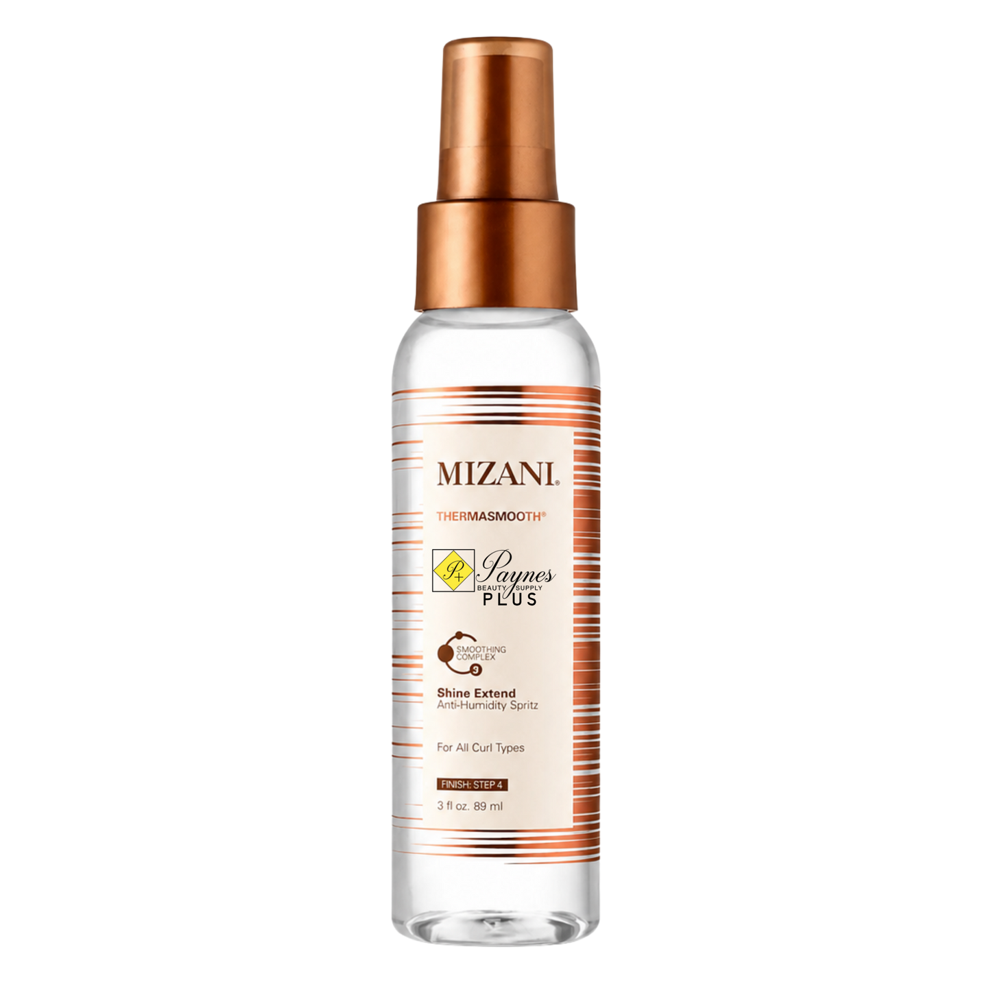 Mizani Thermasmooth 3.4oz Shine Extend spray bottle with a metallic copper pump and a white label with copper stripes, on a white background.
