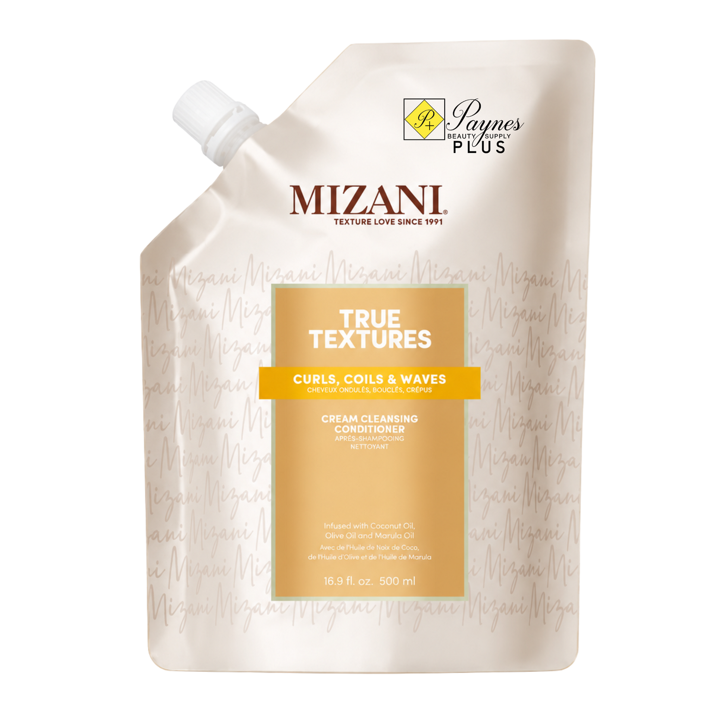 Mizani True Textures Curls Coils & Waves Cream Cleansing Conditioner in a 16.9 white squeeze pouch with a tan label.