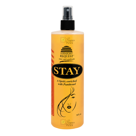Straight Request Stay Spritz 16 fl oz professional styling spray for long-lasting hold, shine, and humidity resistance