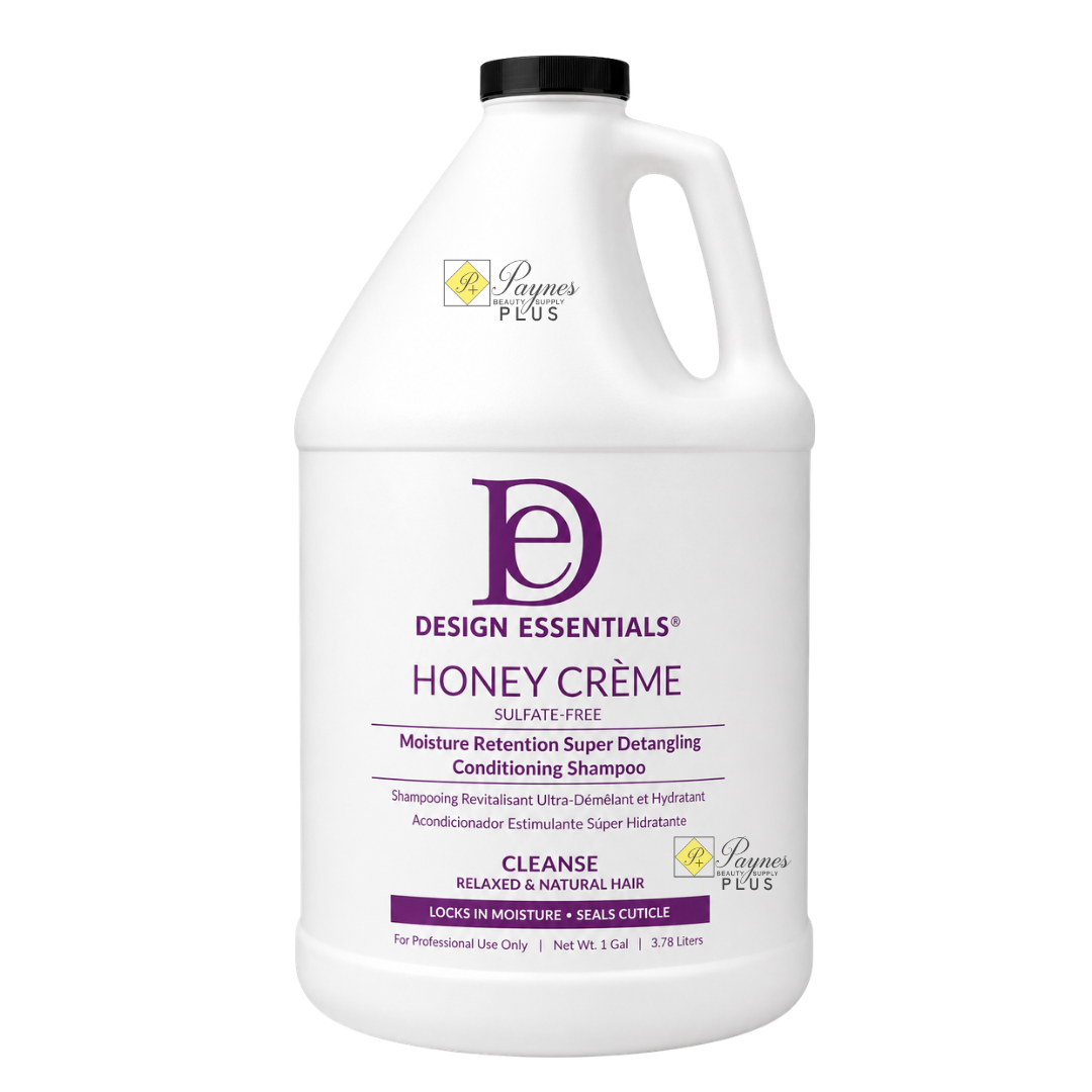 A 1-gallon white plastic bottle of Design Essentials Honey Crème Conditioning Shampoo with a black cap, on a plain white background.