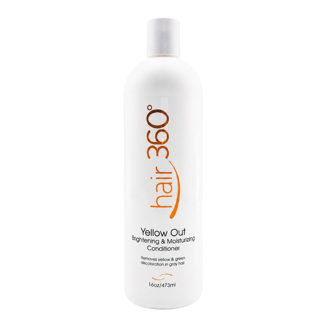 Hair 360 Yellow Out Brightening & Moisturizing Conditioner 16oz bottle on white background for gray and silver hair care product listing