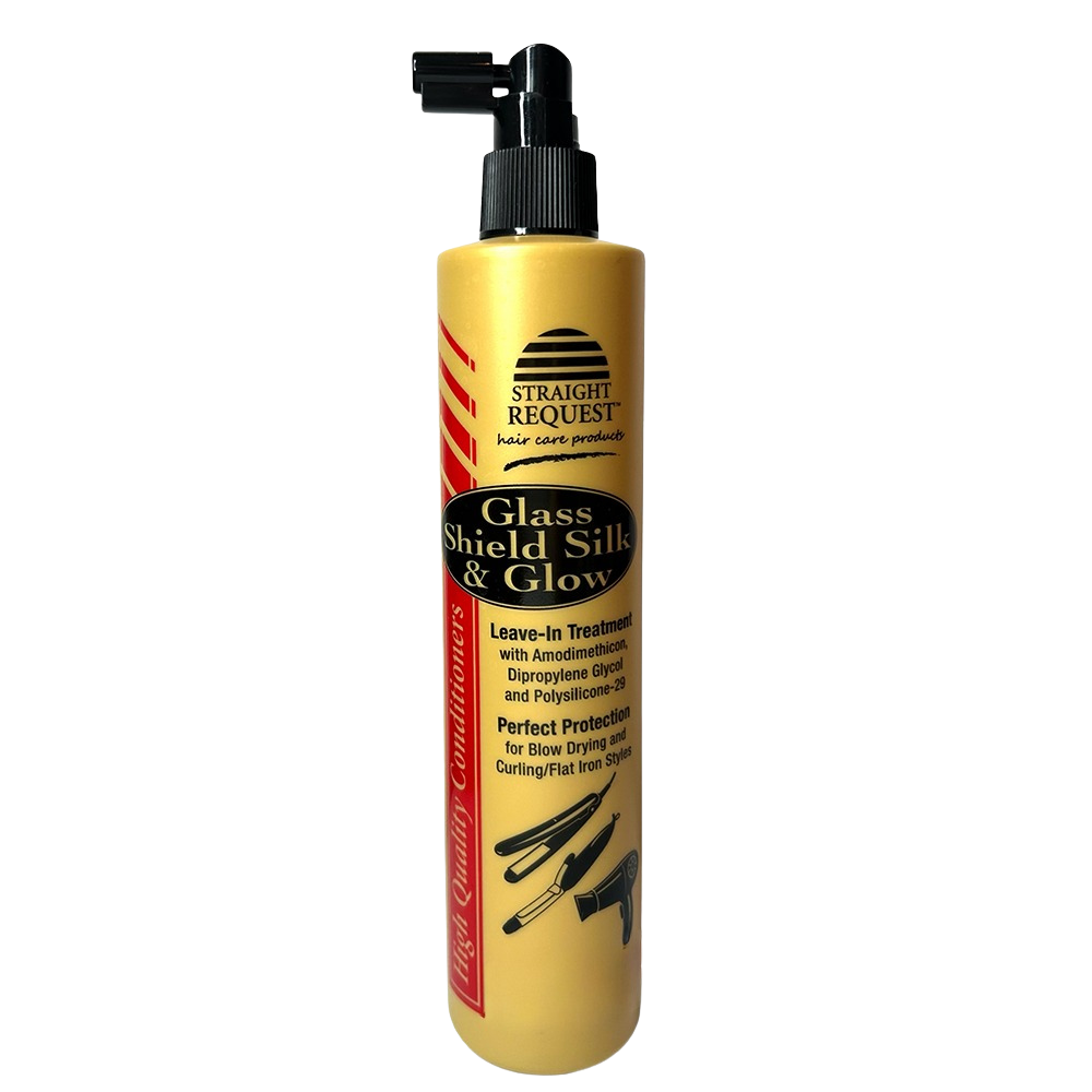 Straight Request Glass Shield Silk Glow, lightweight smoothing serum that adds shine and protects hair.
