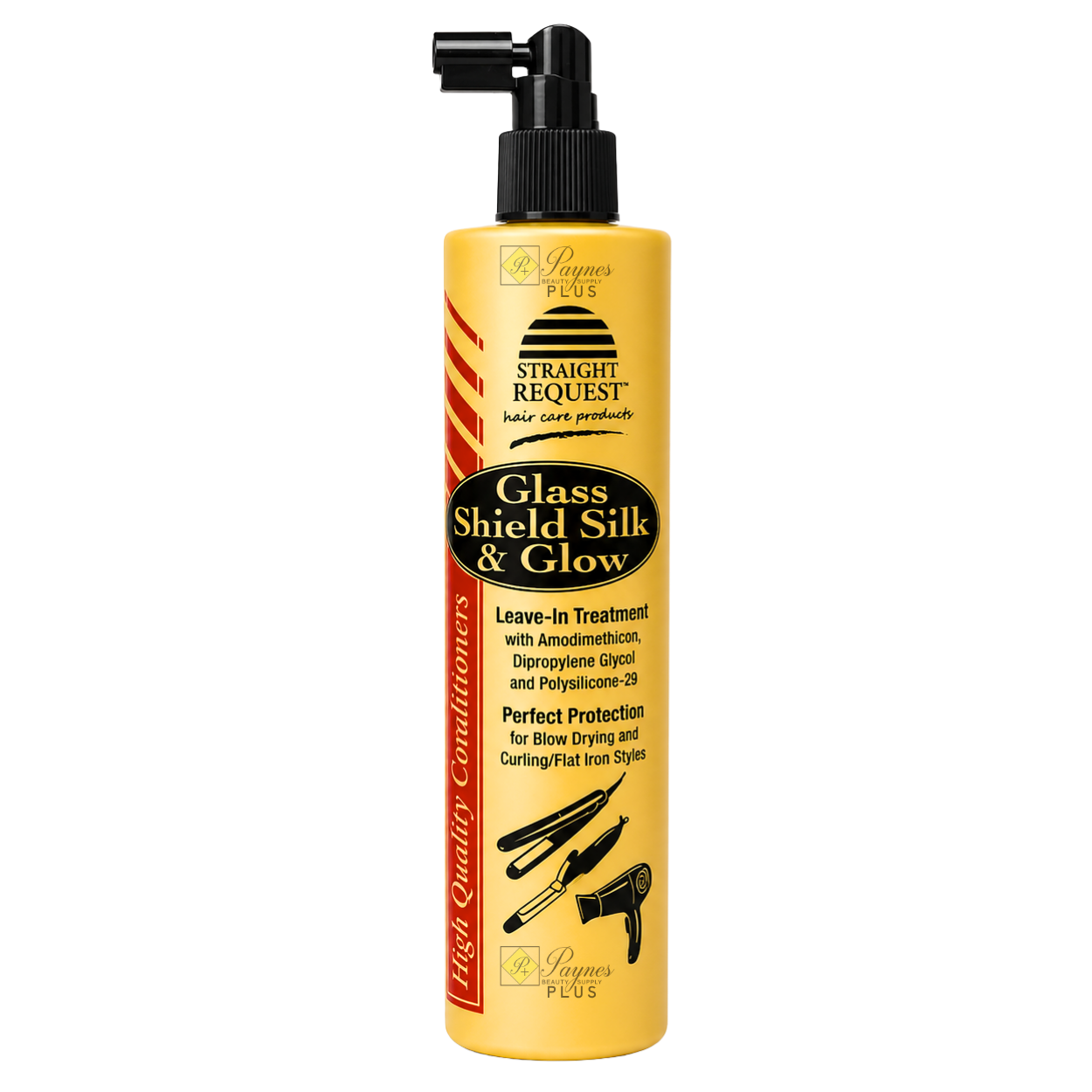 Straight Request Glass Shield Silk Glow, lightweight smoothing serum that adds shine and protects hair.