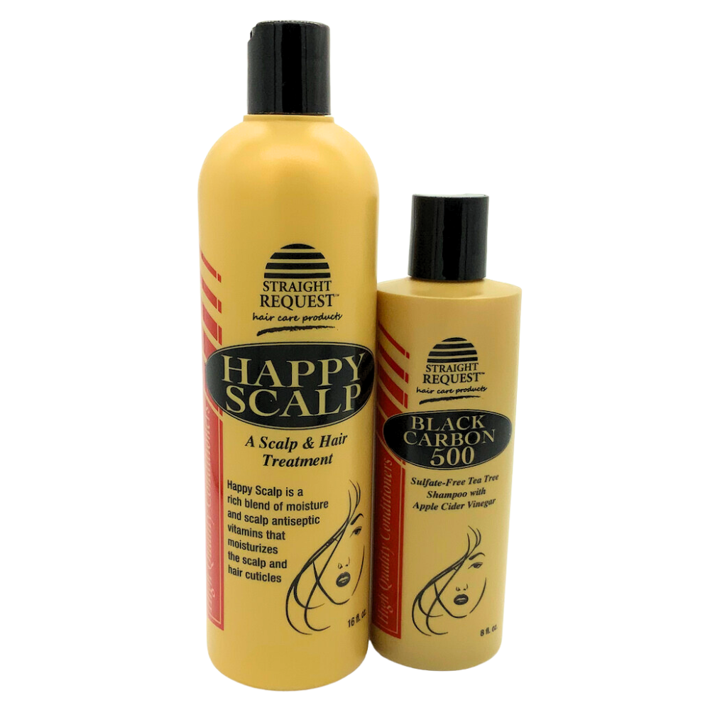 Straight Request Happy Scalp and Black Carbon 500 combo set for detox and itch‑relief scalp treatment.
