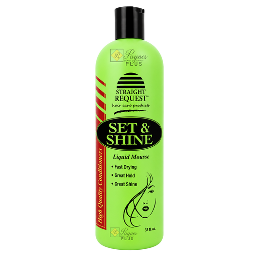 Straight Request Set & Shine Liquid Mousse for firm hold, shine, and styling control.