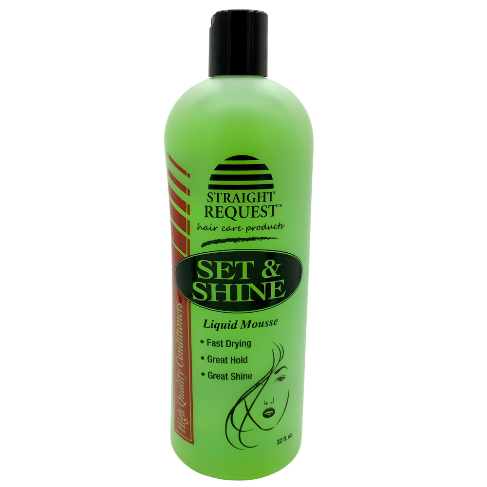 Straight Request Set & Shine Liquid Mousse for firm hold, shine, and styling control.