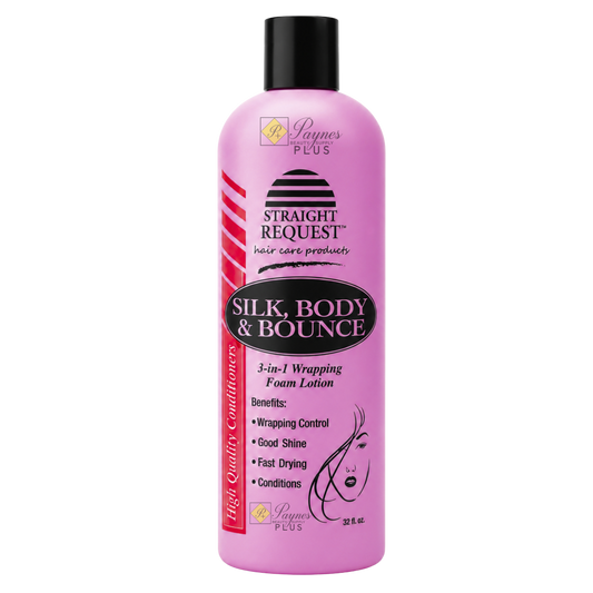 Straight Request Silk Body & Bounce lightweight styling lotion for soft, silky movement and body.