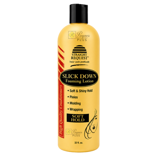 Straight Request Slick Down Foaming Lotion for smoothing wraps and sleek, laid‑down styles.