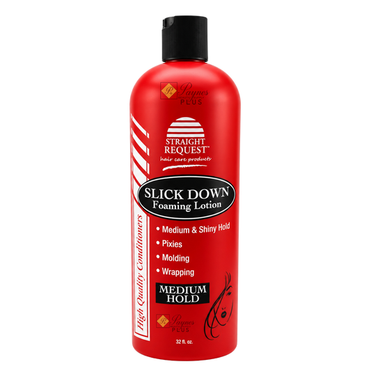 Straight Request Slick Down Foaming Lotion, medium-hold smoothing foam for sleek, laid-down styles.