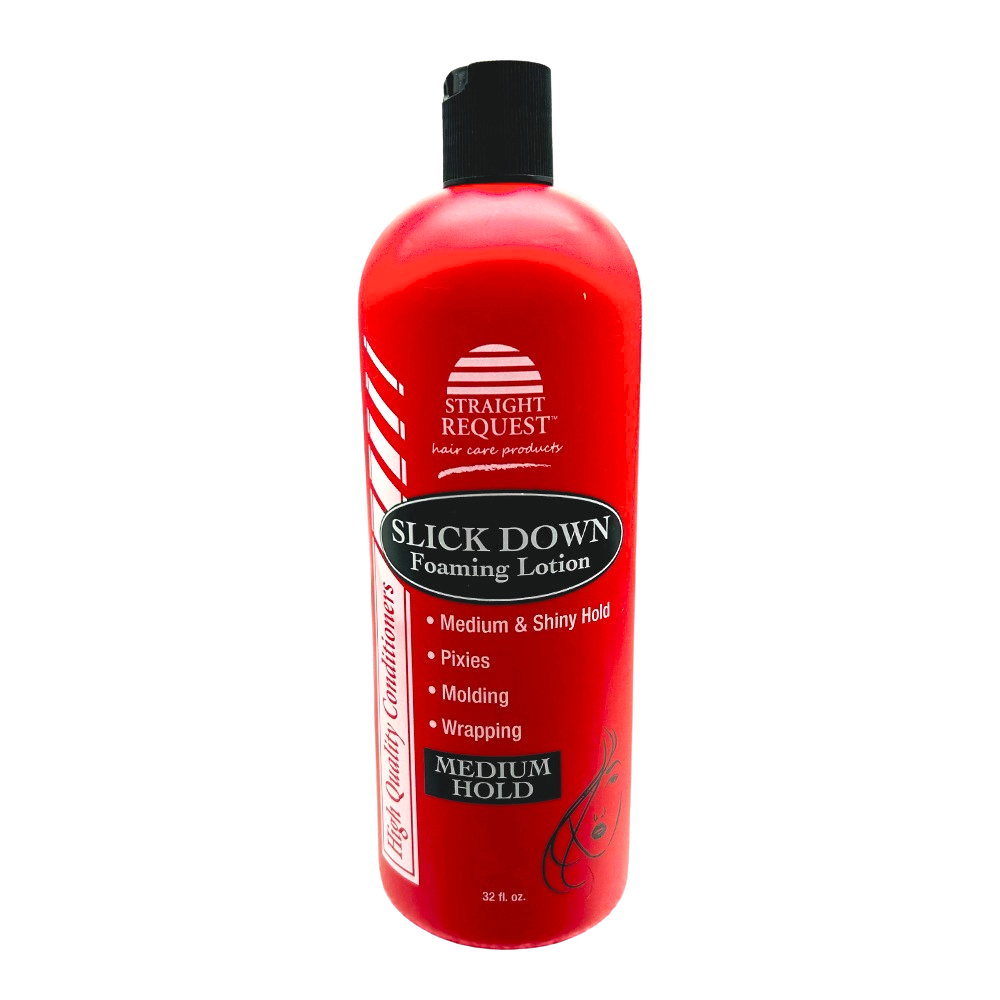 Straight Request Slick Down Foaming Lotion, medium-hold smoothing foam for sleek, laid-down styles.