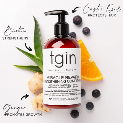 tgin Miracle RepaiRx Strengthening Shampoo & Conditioner – Black Castor Oil + Biotin Repair Duo for Damaged, Brittle Hair