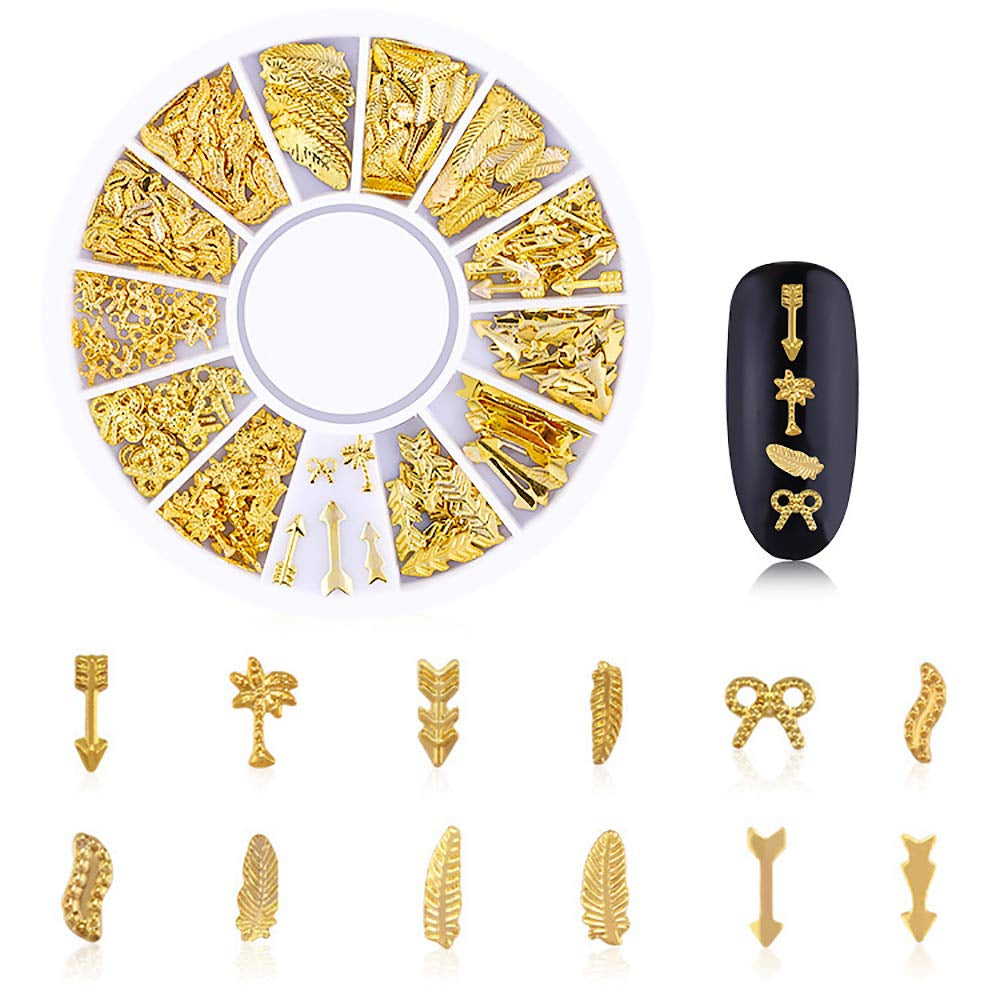 Gold Nail Charms 3D Nail Art Kit – 6 Boxes of Rose, Star, Moon, Feather Metal Studs with Tweezers & Picker Pencil, 3D Nail Jewelry Decoration Set