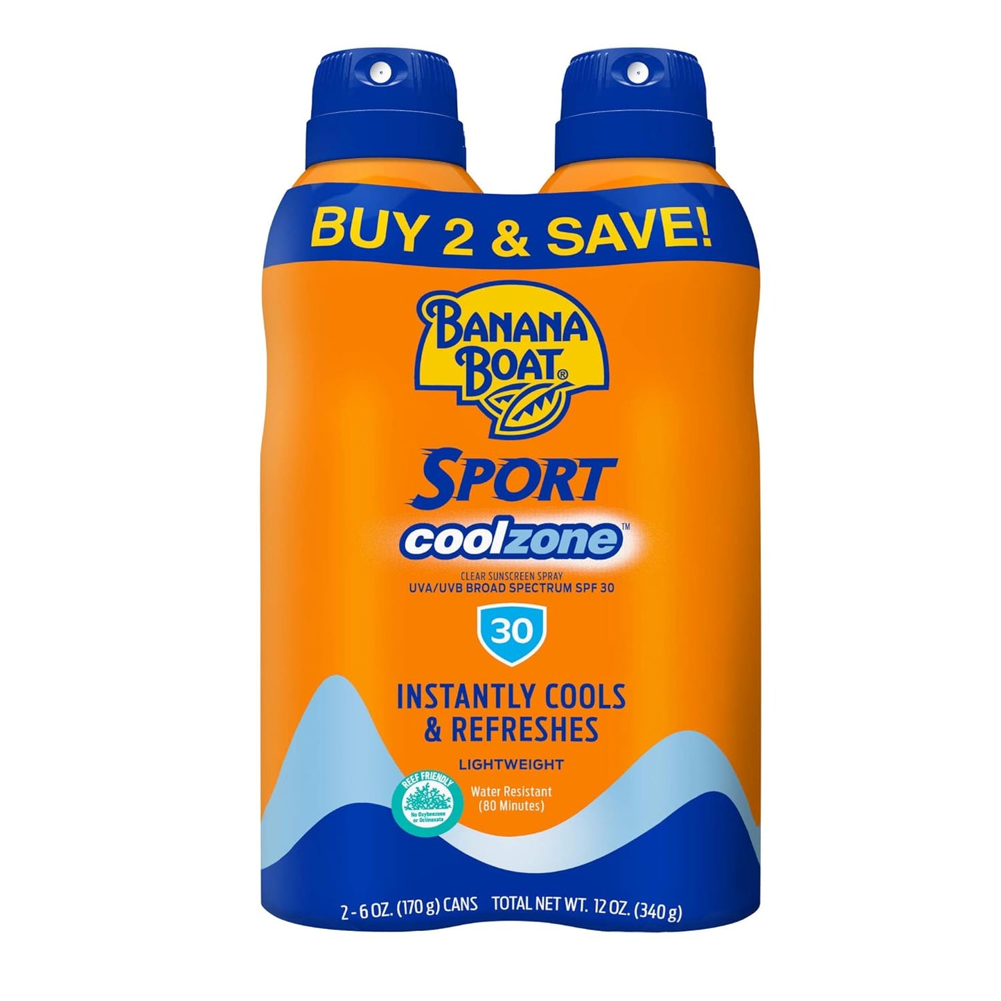 Sport Cool Zone Sunscreen Spray SPF 30 – Oxybenzone‑Free Sunblock, Water‑Resistant Cooling Spray for Active Outdoor Protection, Twin Pack (6oz Each)
