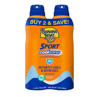 Sport Cool Zone Sunscreen Spray SPF 30 – Oxybenzone‑Free Sunblock, Water‑Resistant Cooling Spray for Active Outdoor Protection, Twin Pack (6oz Each)