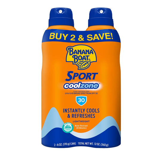 Sport Cool Zone Sunscreen Spray SPF 30 – Oxybenzone‑Free Sunblock, Water‑Resistant Cooling Spray for Active Outdoor Protection, Twin Pack (6oz Each)