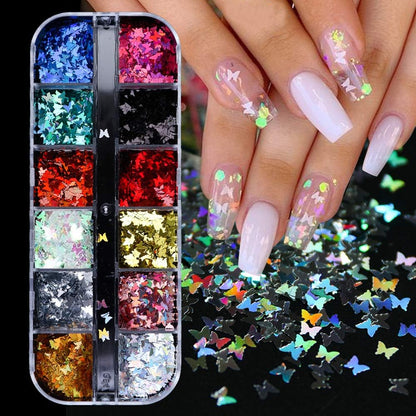 12‑Color Butterfly Nail Sequins Set – Holographic 3D Glitter for Nails, Makeup & DIY Crafts