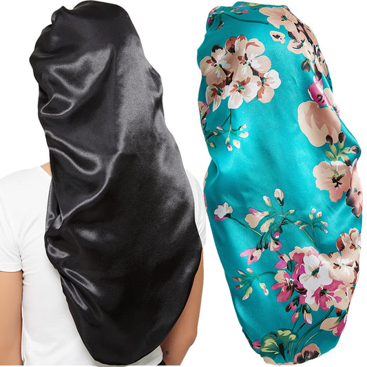 2‑Pack Long Satin Bonnets for Women – Extra‑Large 27" Sleep Caps for Braids, Locs & Long Hair Soft Lightweight Satin, No‑Slip, Black + Floral Print