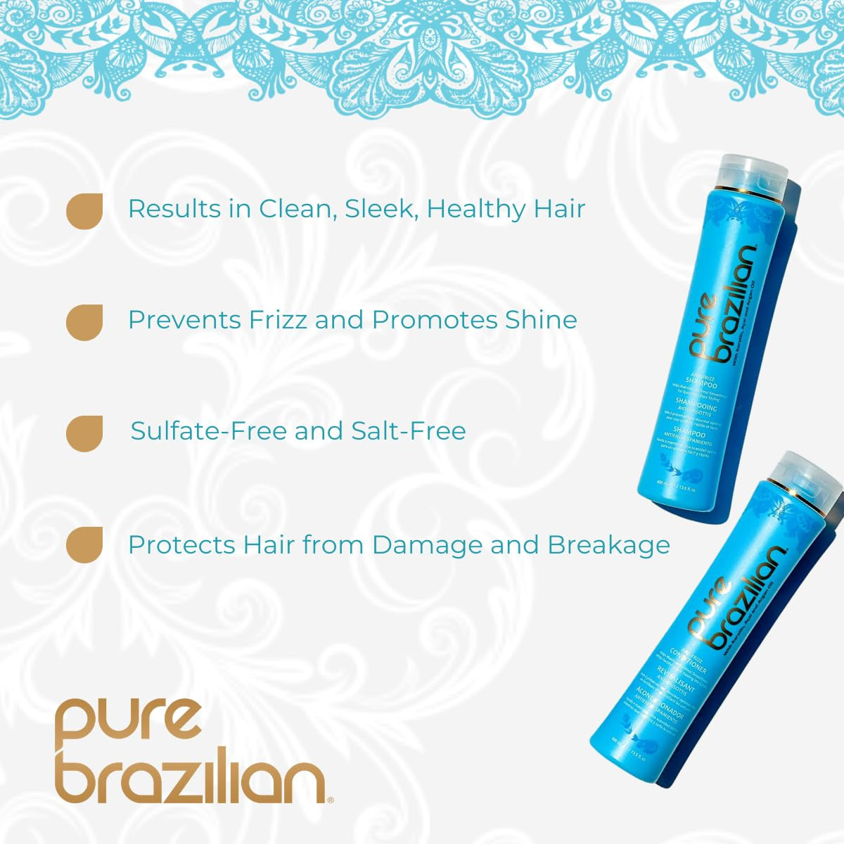 Pure Brazilian Anti‑Frizz Daily Shampoo & Conditioner Duo – Keratin, Argan Oil & Acai for Smooth, Shiny, Color‑Safe Hair (13.5 oz Each)