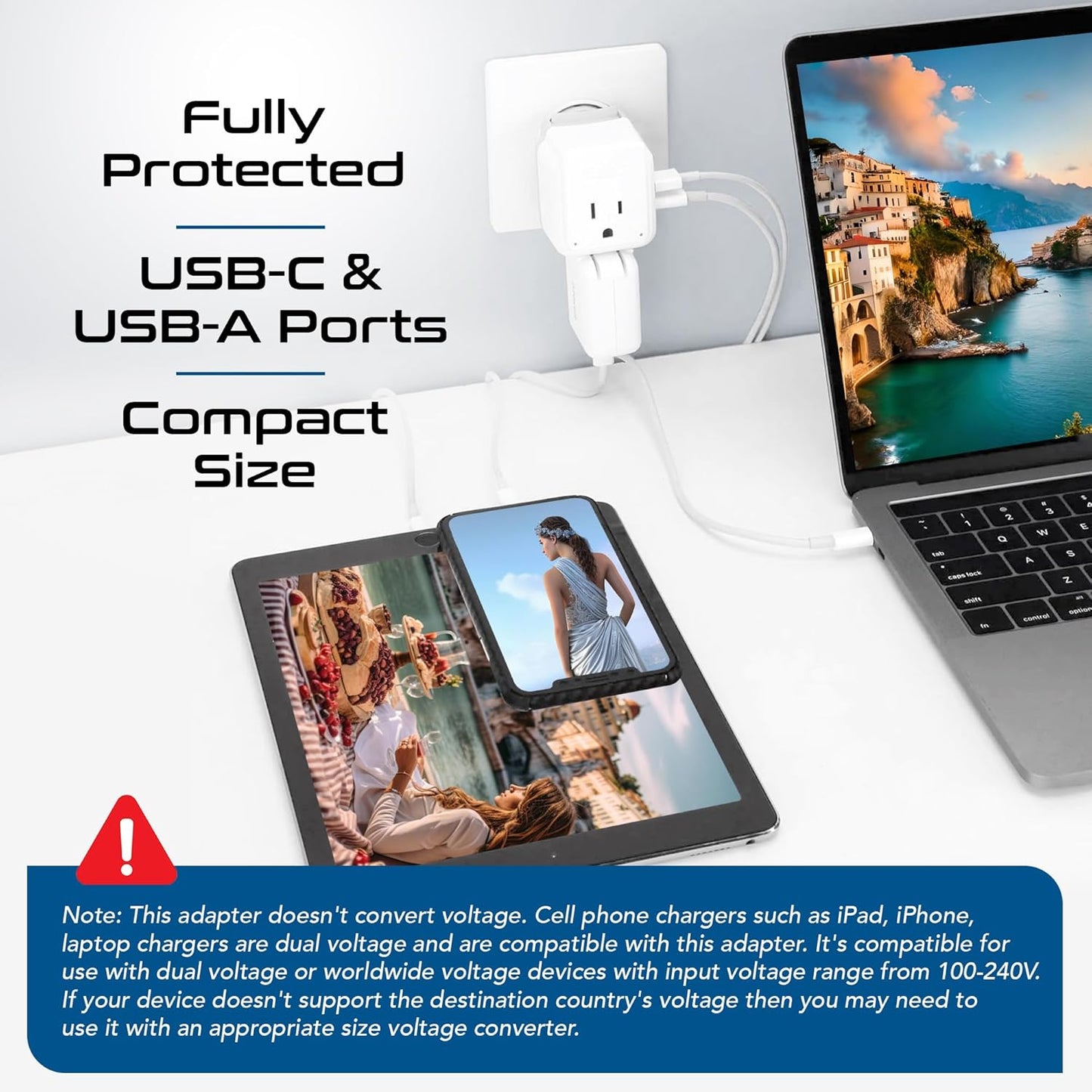 Europe Plug Adapter – 20W PD & QC Fast Charger with Dual USB + USB‑C (3.1A), 2 USA Outlets, Compact Travel Adapter with Type‑C Swadapt Attachment