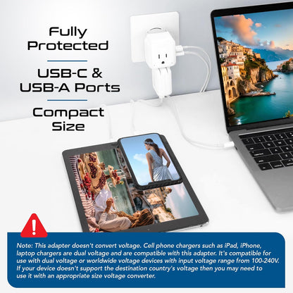 Europe Plug Adapter – 20W PD & QC Fast Charger with Dual USB + USB‑C (3.1A), 2 USA Outlets, Compact Travel Adapter with Type‑C Swadapt Attachment