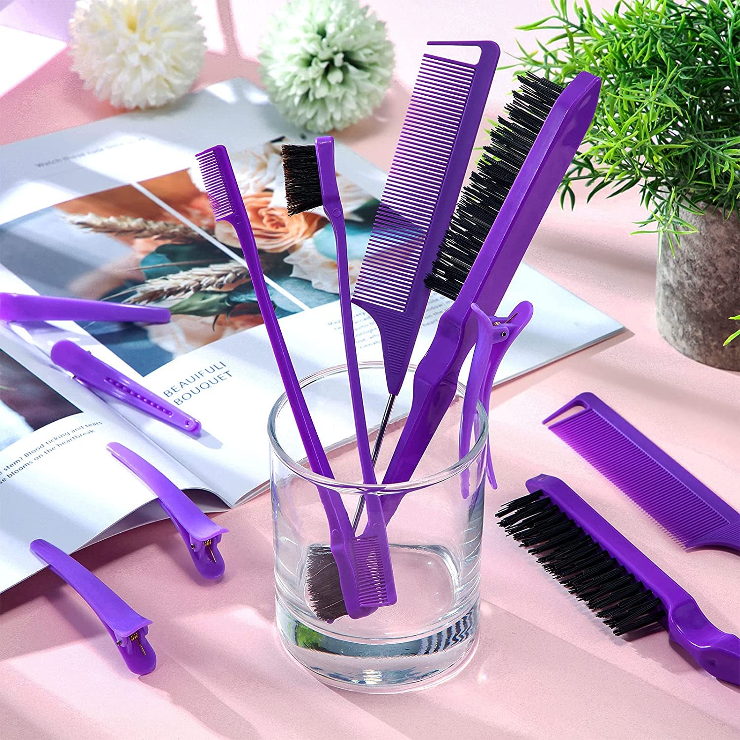 12‑Piece Nylon Hair Brush & Styling Set – 3‑Row Teasing Brushes, Double‑Sided Edge Brush, Rat Tail Combs & Duckbill Clips for Women & Girls (Purple)