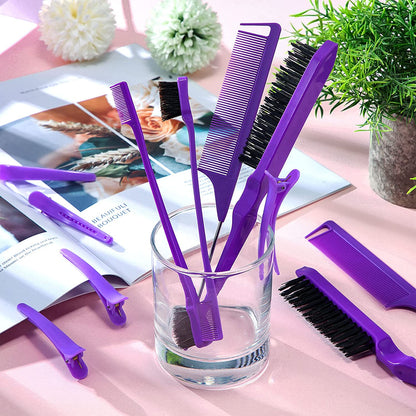 12‑Piece Nylon Hair Brush & Styling Set – 3‑Row Teasing Brushes, Double‑Sided Edge Brush, Rat Tail Combs & Duckbill Clips for Women & Girls (Purple)