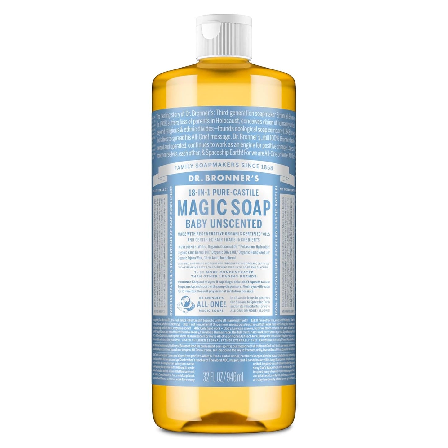 Unscented Pure‑Castile Magic Liquid Soap 32oz – 18‑in‑1 Organic Body Wash for Face, Hands & Sensitive Skin – Gentle Baby‑Safe Formula with Regenerative Organic Certified Oils