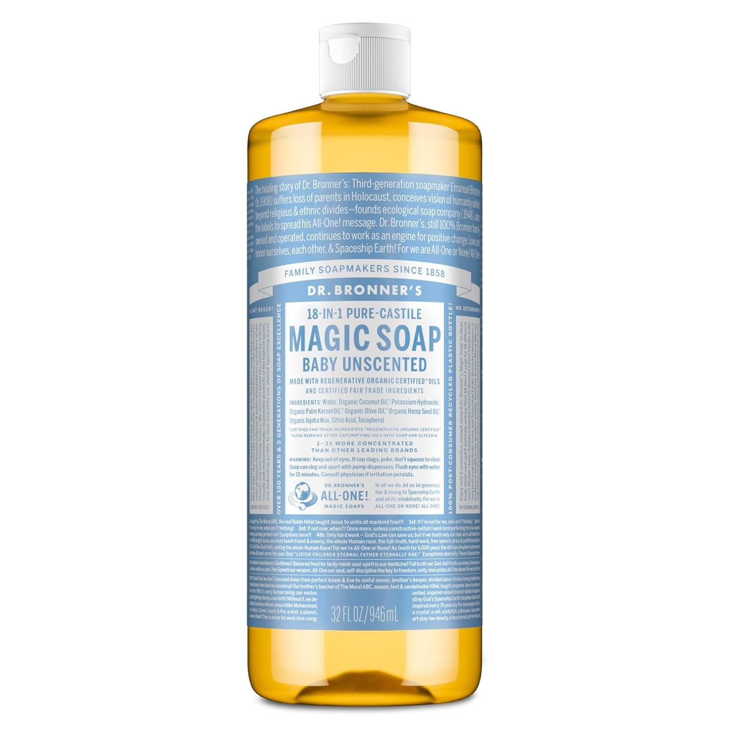 Unscented Pure‑Castile Magic Liquid Soap 32oz – 18‑in‑1 Organic Body Wash for Face, Hands & Sensitive Skin – Gentle Baby‑Safe Formula with Regenerative Organic Certified Oils