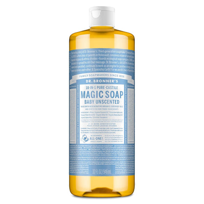 Unscented Pure‑Castile Magic Liquid Soap 32oz – 18‑in‑1 Organic Body Wash for Face, Hands & Sensitive Skin – Gentle Baby‑Safe Formula with Regenerative Organic Certified Oils