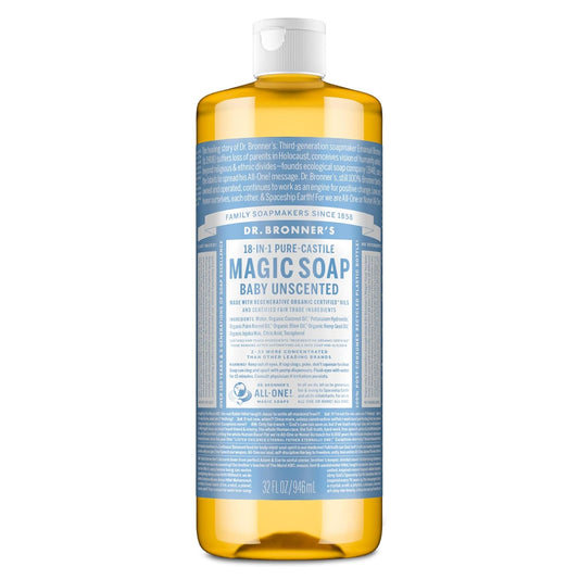 Unscented Pure‑Castile Magic Liquid Soap 32oz – 18‑in‑1 Organic Body Wash for Face, Hands & Sensitive Skin – Gentle Baby‑Safe Formula with Regenerative Organic Certified Oils