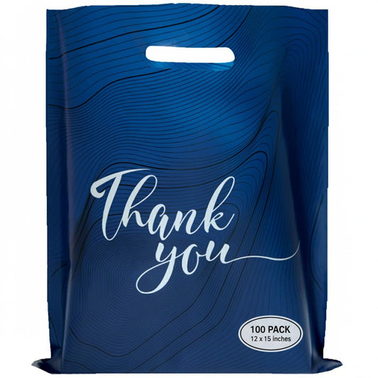 100‑Pack Navy Blue “Thank You” Merchandise Bags – 12x15" Heavy‑Duty 2.36 Mil Plastic Retail Bags with Die‑Cut Handles & Elegant Silver Print