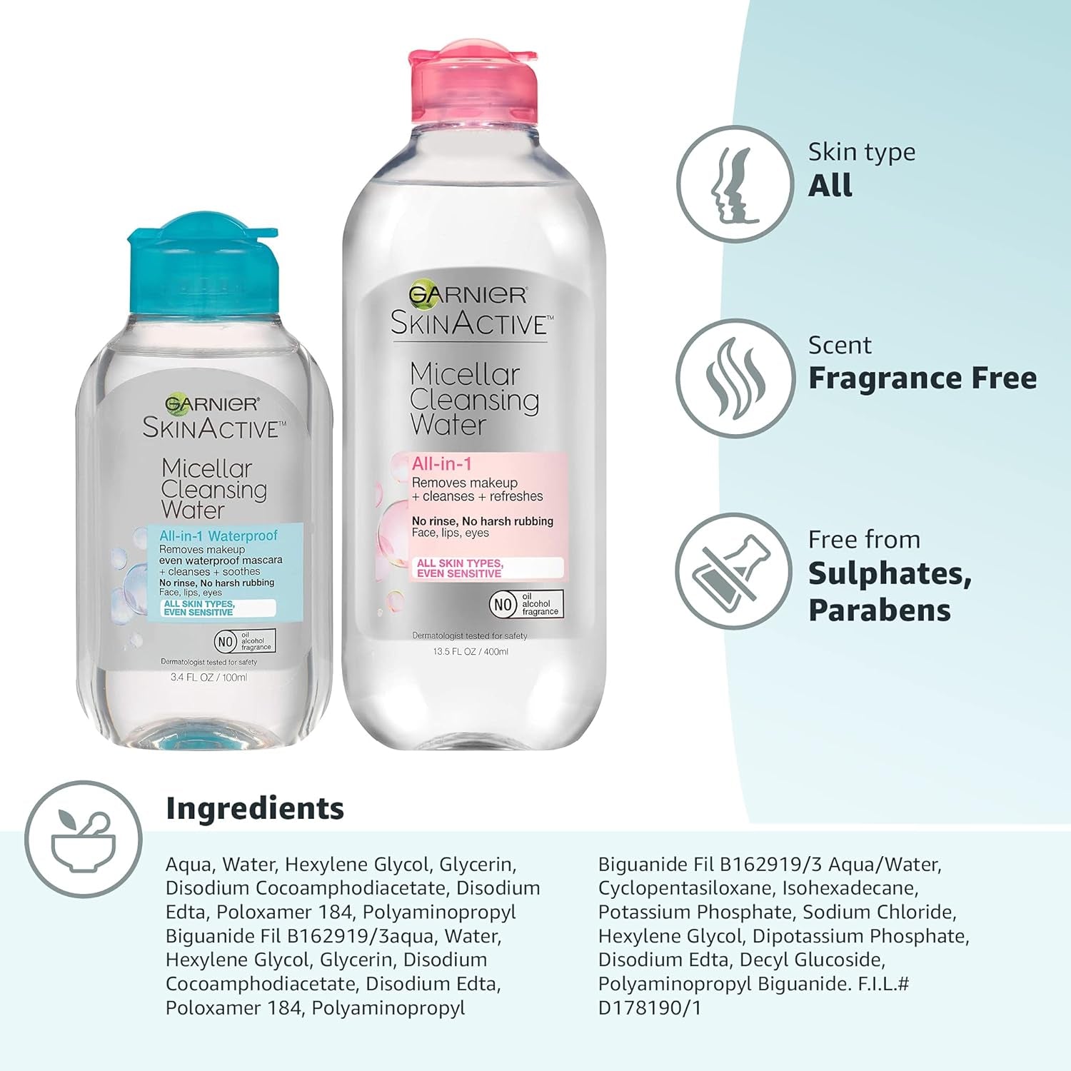 Micellar Cleansing Water Duo – All‑Skin‑Types Makeup Remover (13.5oz) + Waterproof Makeup Micellar Cleanser (3.4oz), Gentle, Hydrating, No‑Rinse Formula