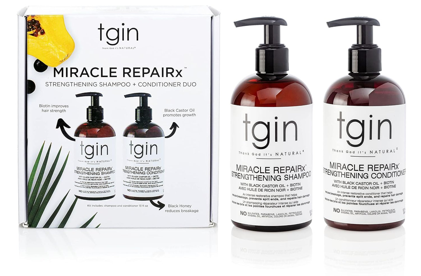 tgin Miracle RepaiRx Strengthening Shampoo & Conditioner – Black Castor Oil + Biotin Repair Duo for Damaged, Brittle Hair