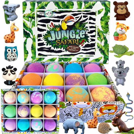Kids Bath Bombs with Surprise Toys Inside – 12 Moisturizing Bubble Bath Fizzies, Gentle & Safe Rainbow Spa Bombs with Jungle Animal Toys, Fun Birthday Gift for Boys & Girls