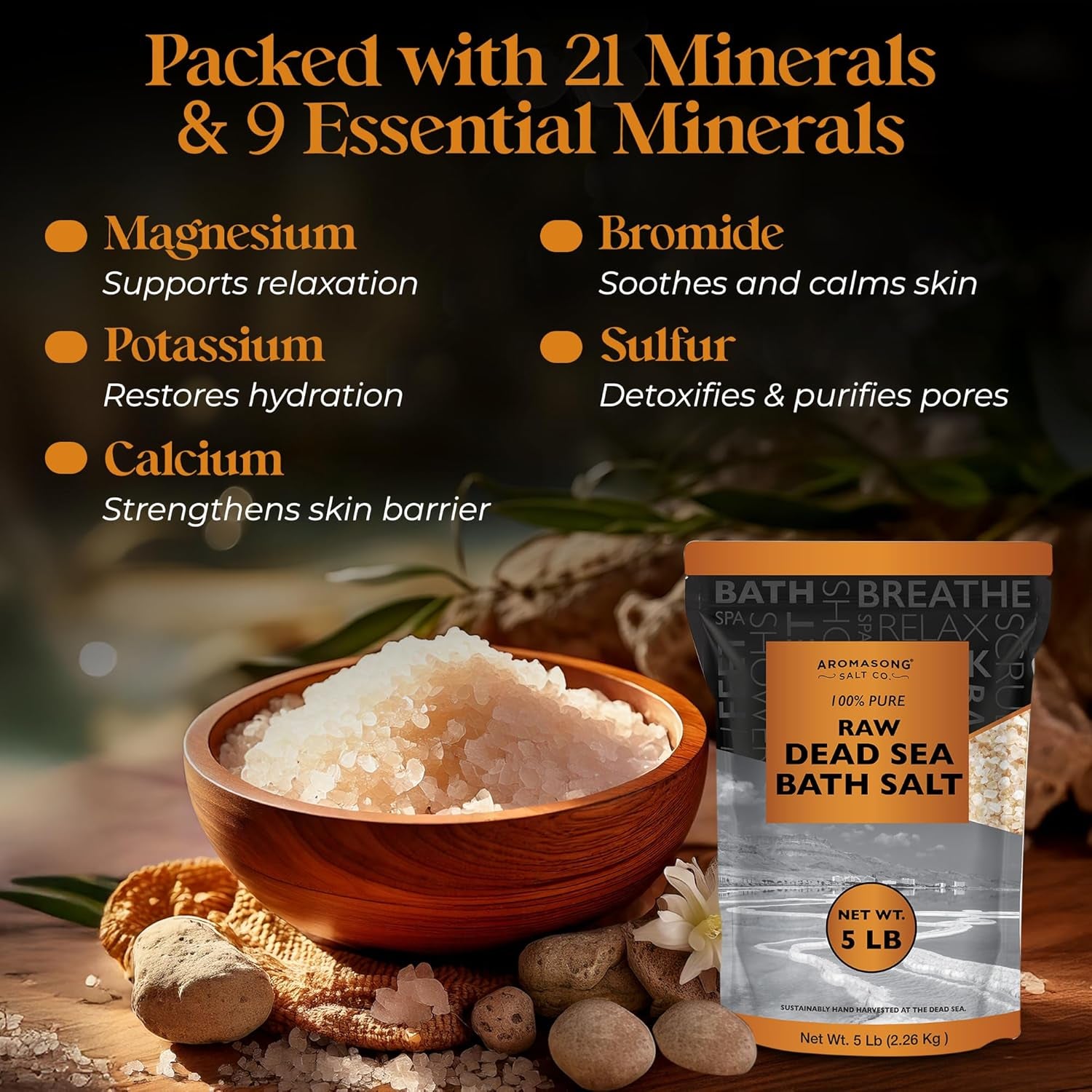 Aromasong 100% Pure Dead Sea Bath Salt – Unrefined Mineral Salt with Natural Dead Sea Mud, Deep Skin Detox, Muscle Relief & Exfoliation, Resealable Bag (Unscented / Aloe Vera / Lavender)