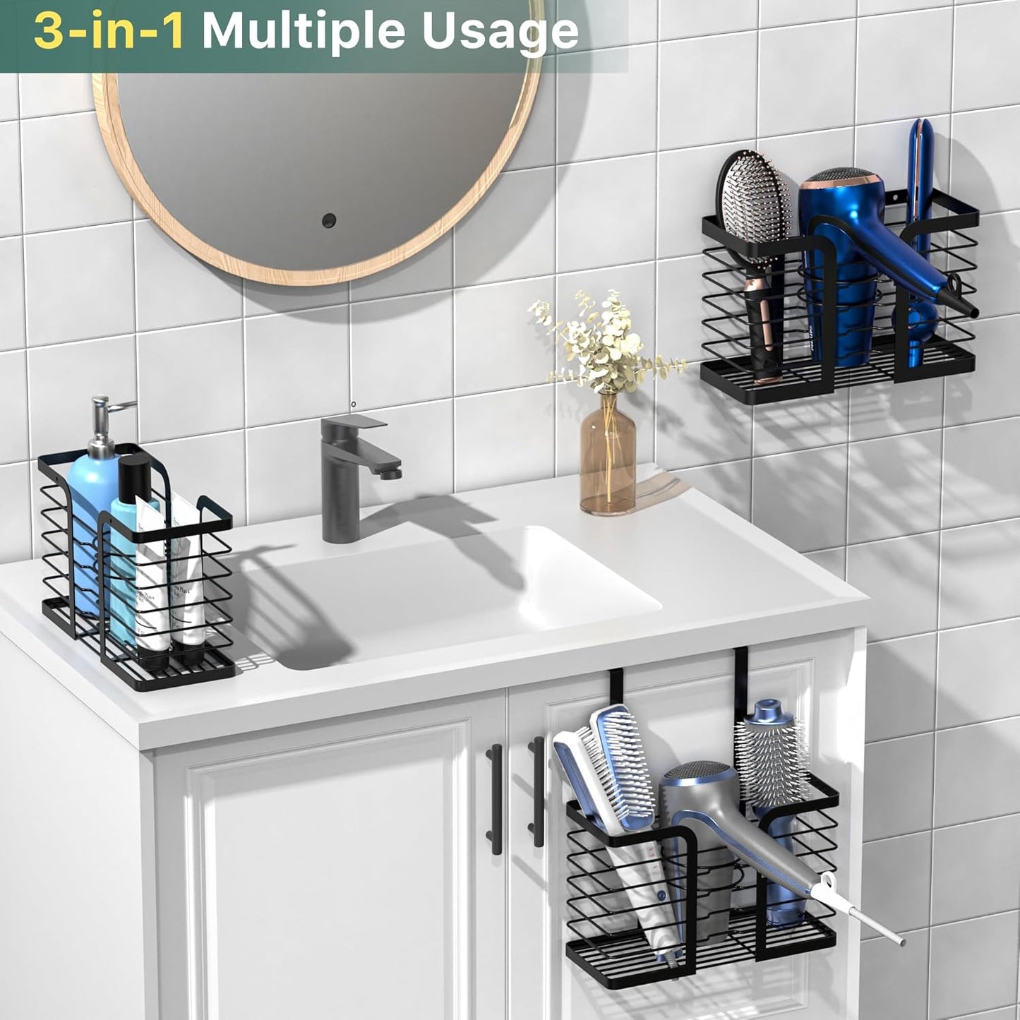 3‑in‑1 Hair Dryer Organizer – Stainless Steel Over‑Cabinet or Countertop Holder with Adjustable Height, Large Capacity Storage for Hair Tools, Brushes & Accessories