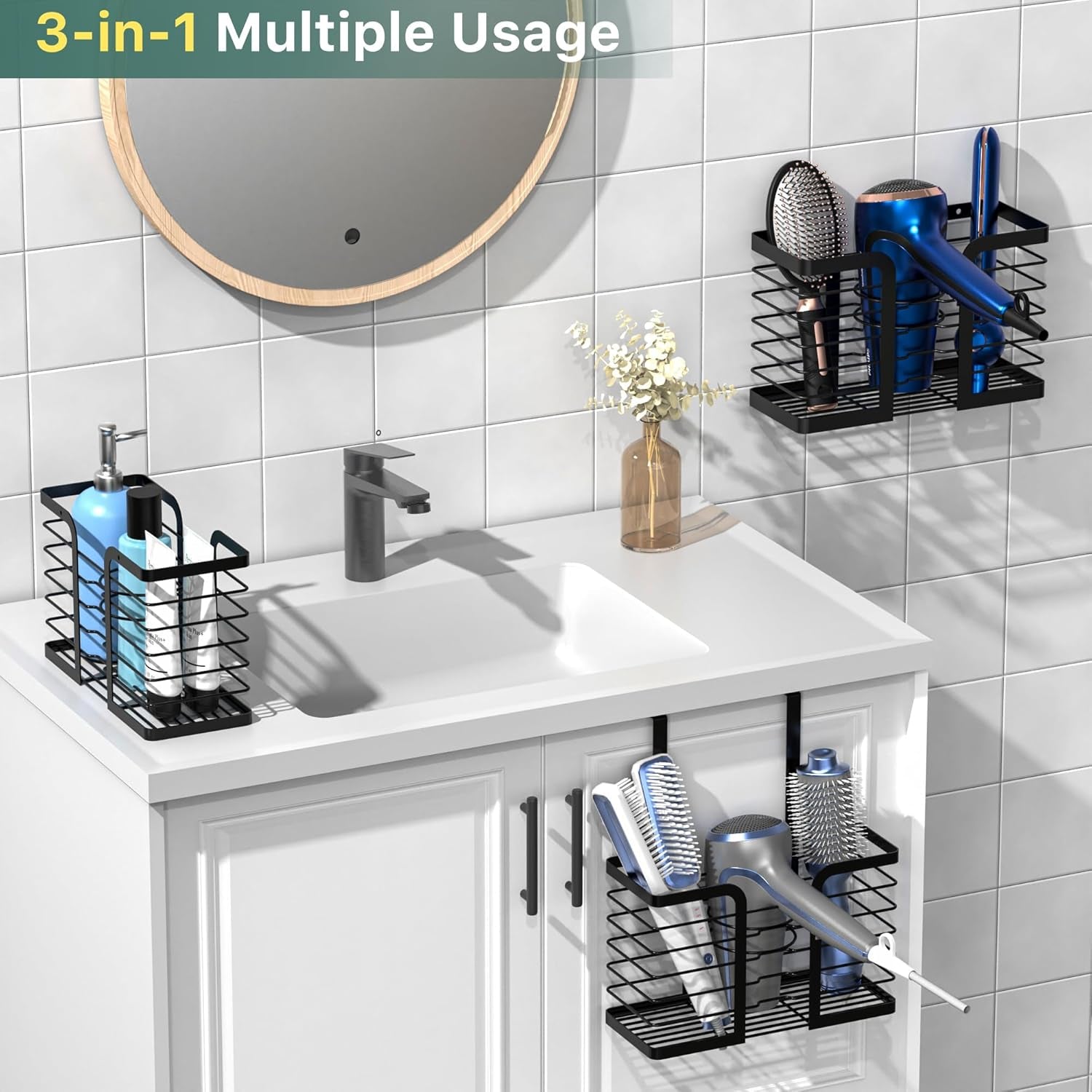 3‑in‑1 Hair Dryer Organizer – Stainless Steel Over‑Cabinet or Countertop Holder with Adjustable Height, Large Capacity Storage for Hair Tools, Brushes & Accessories