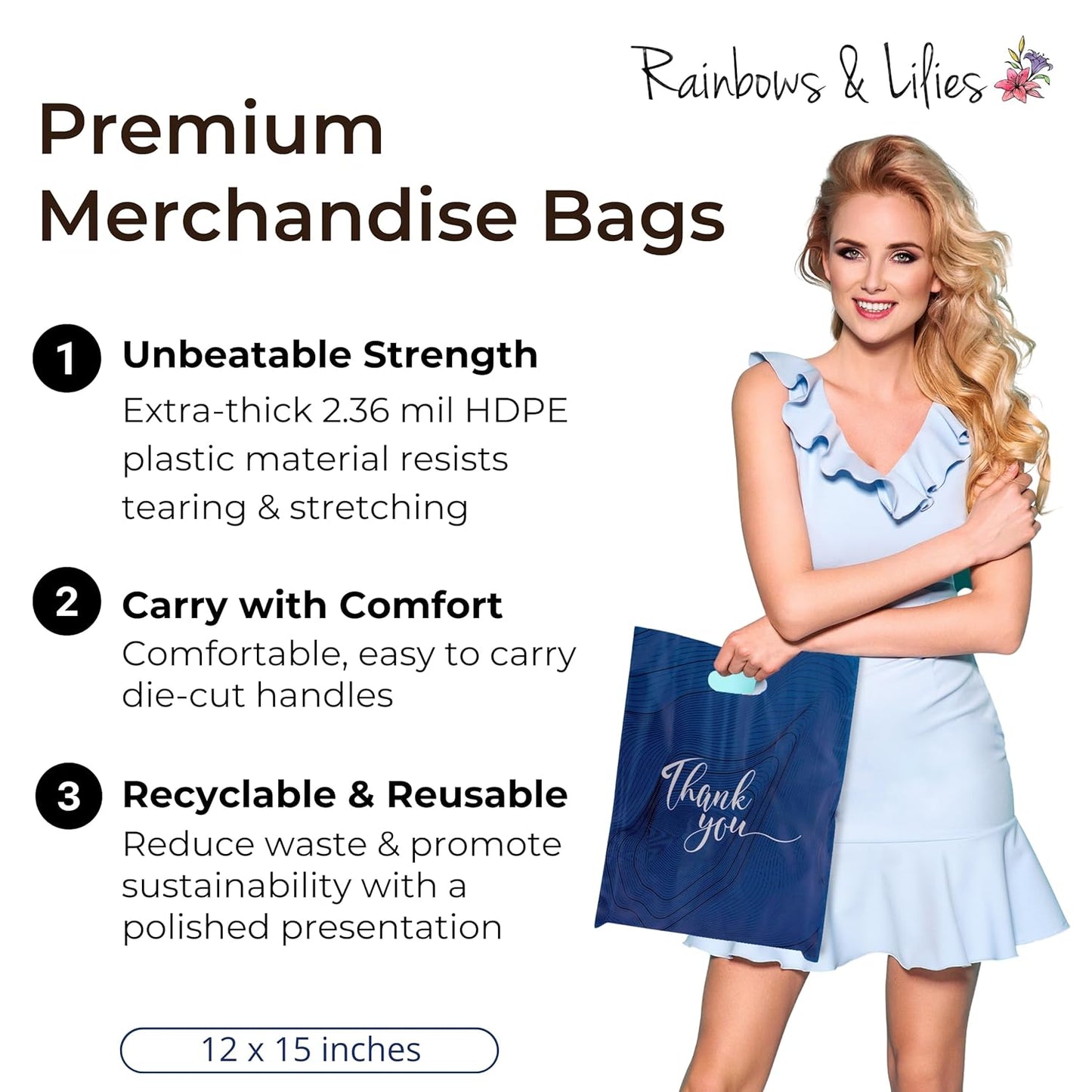100‑Pack Navy Blue “Thank You” Merchandise Bags – 12x15" Heavy‑Duty 2.36 Mil Plastic Retail Bags with Die‑Cut Handles & Elegant Silver Print
