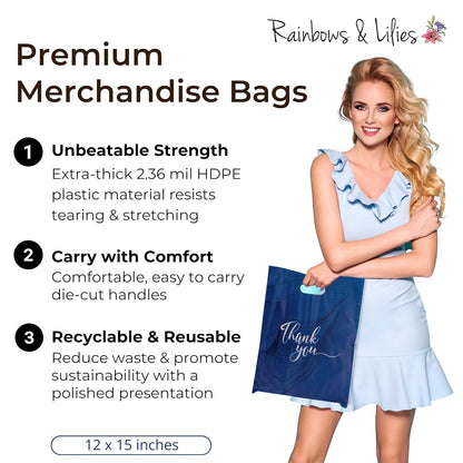 100‑Pack Navy Blue “Thank You” Merchandise Bags – 12x15" Heavy‑Duty 2.36 Mil Plastic Retail Bags with Die‑Cut Handles & Elegant Silver Print