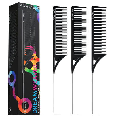 Dreamweaver Highlight Comb Set – Professional Foiling & Parting Combs for Hair Highlighting, Precision Highlighting Combs with Parting Tip (3‑Pack, Black)